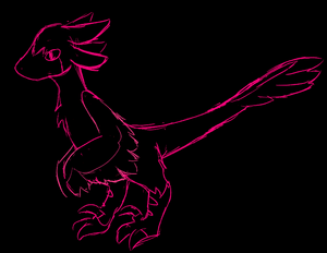 A prototypical Teshari, sleek in form and big in heart. It is a sketch of a bird-like raptor, pink lines over a black background. The bird-person is fluffy, short, and has a long feathered tail.